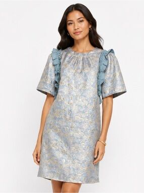 COTTAGECORE Puff Sleeve Light Blue Brocade Ruffle Sleeve Shift Dress Size Large